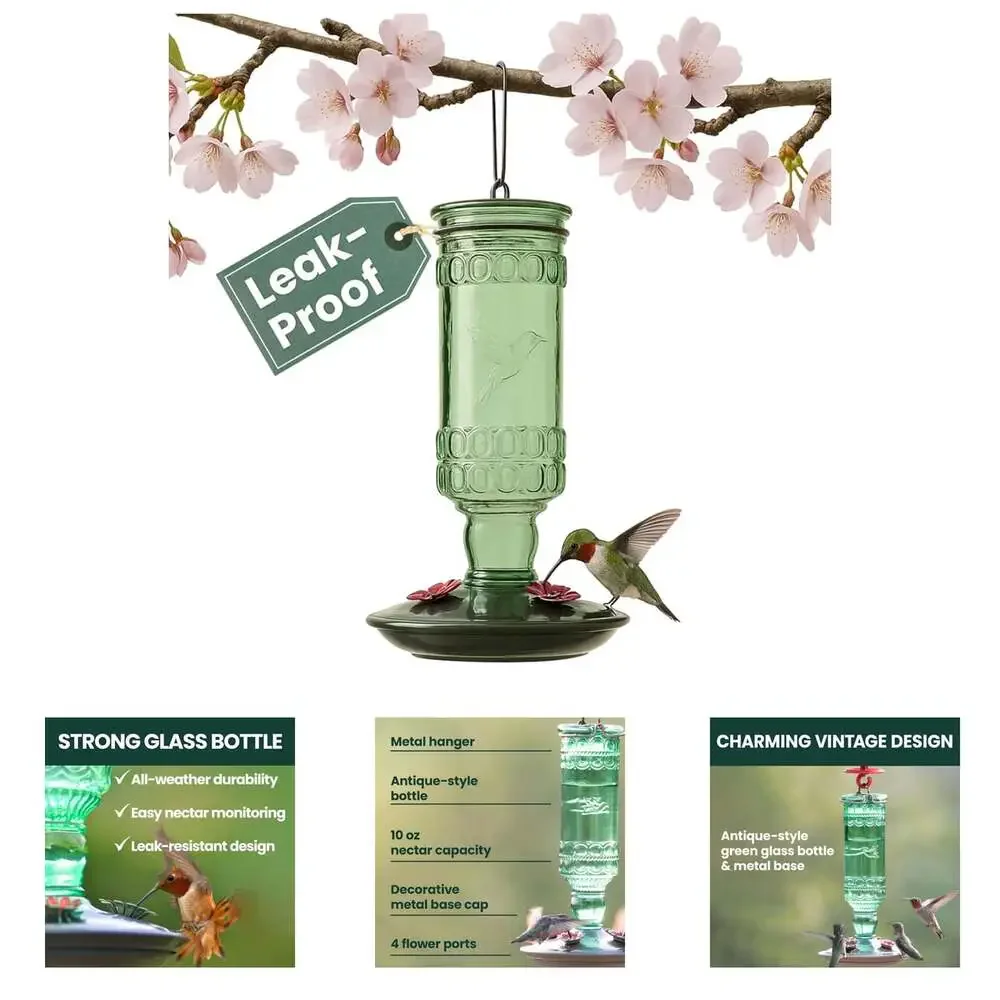 Antique Glass Bottle Hummingbird Feeder 10 Oz Capacity Green Outdoor Hanging